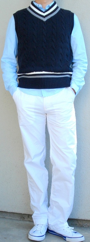 Men's Dark Blue Sweater Vest Blue Dress Shirt White Pants White Shoes