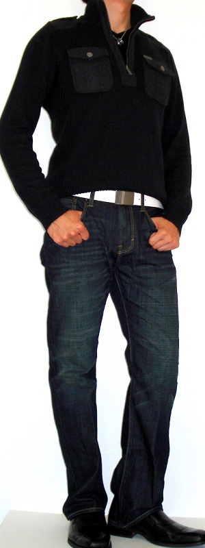 Men's Dark Blue Turtleneck Sweater White Leather Belt Black Dress Shoe