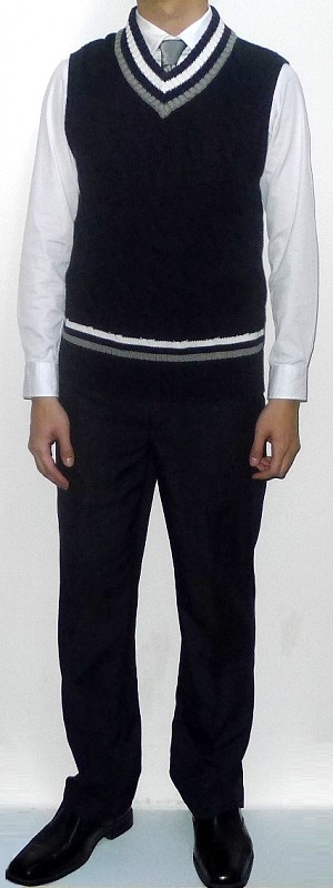 Men's Dark Blue V-neck Sweater Vest Silver Tie White Dress Shirt Navy Dress Pants Black Leather Shoes