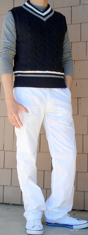 Men's Dark Blue Vest Gray T-Shirt White Pants White Shoes