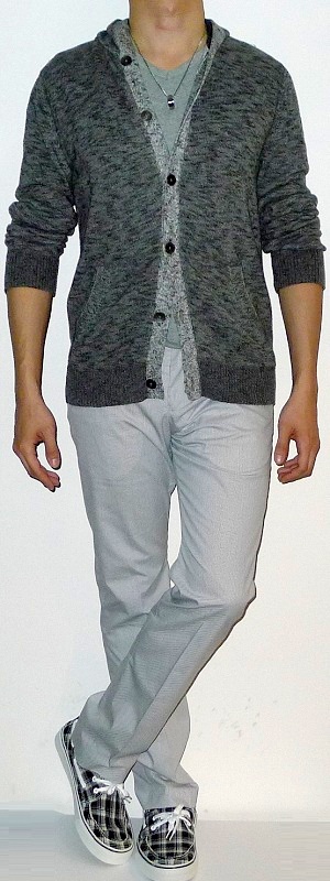 Men's Dark Gray Marled Hooded Sweater Jacket Gray Tee White Pants Black Plaid Loafers