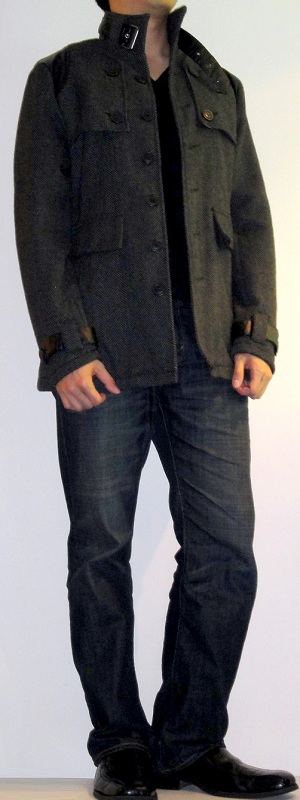 Men's Dark Gray Pea Coat Black V Neck T-Shirt Dark Blue Jeans Black Leather Loafers