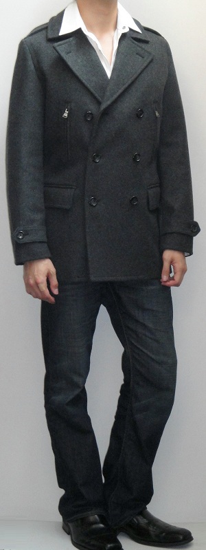 Dark Gray Pea Coat White Shirt Dark Blue Bootcut Jeans Black Leather Loafers