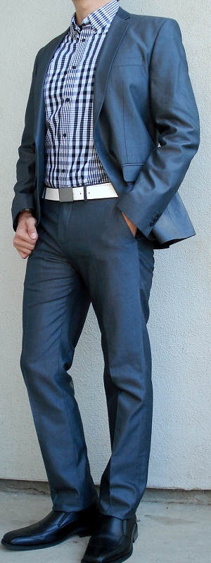 Men's Dark Gray Suit Black White Checkered Shirt