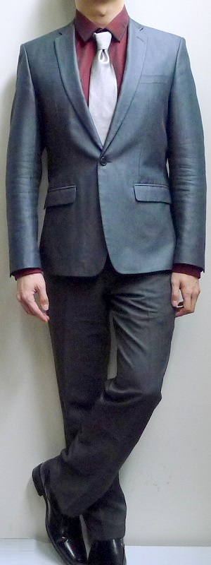 Men's Dark Gray Suit Dark Red Dress Shirt Light Gray Necktie Black Leather Shoes