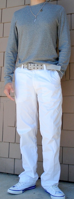 Men's Dark Gray T-Shirt Gray Cotton Belt White Pants White Shoes