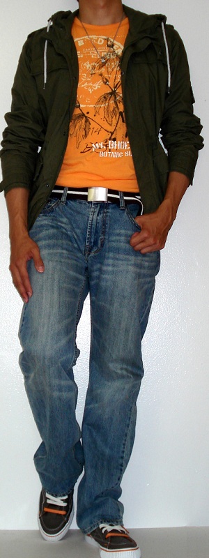 Men's Dark Green Jacket Orange Graphic Tee Light Blue Jeans Gray Shoes Brown Cotton Belt