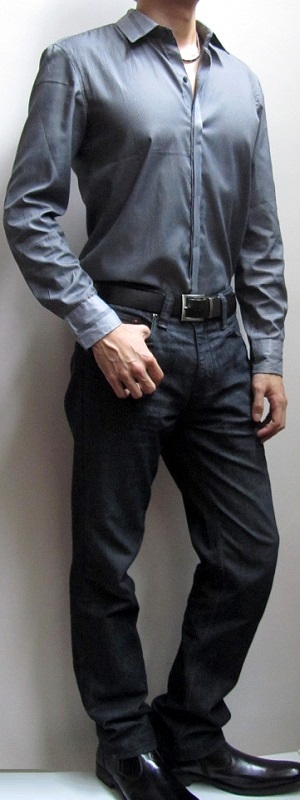 Men's Gray Dress Shirt Black Belt Black Jeans Black Leather Shoes