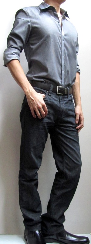 Men's Gray Dress Shirt Black Belt Black Jeans Black Leather Shoes