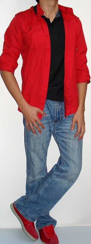 Men's Dark Orange Hooded Shirt Black T-shirt Light Blue Jeans Red Shoes