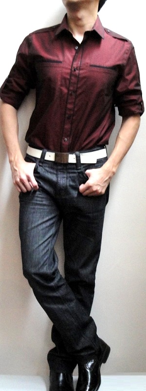 Dark Red Fitted Dress Shirt White Leather Belt Black Jeans Black Leather Shoes