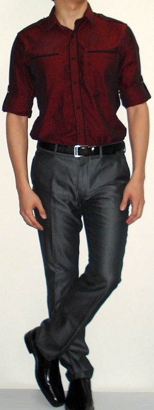Men's Dark Red Shirt Dark Grey Suit Pants Black Leather Shoes Black Belt