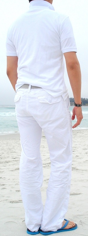 Men's White Polo White Pants Gray Cotton Belt Blue Flip Flops