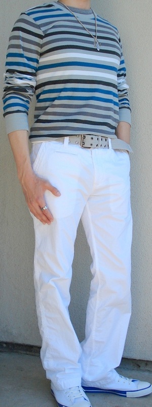 Gray Blue Striped T-Shirt White Pants White Shoes Gray Belt