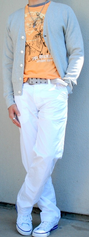 Gray Cardigan Orange Graphic Tee White Pants White Shoes