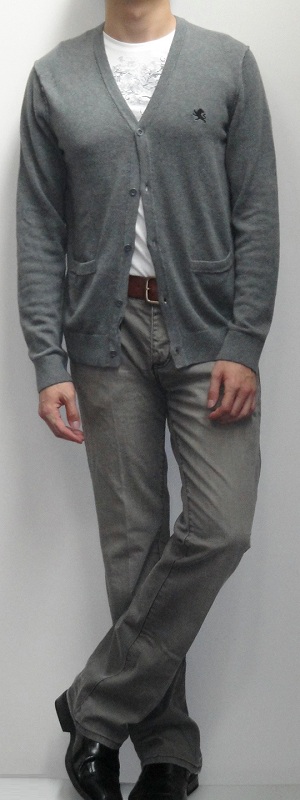 Men's Gray Cardigan White Graphic T-Shirt Brown Belt Gray Jeans Black Leather Loafers