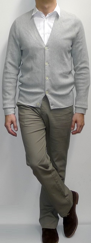 Men's Gray Cardigan White Shirt Khaki Pants Suede Ankle Boots