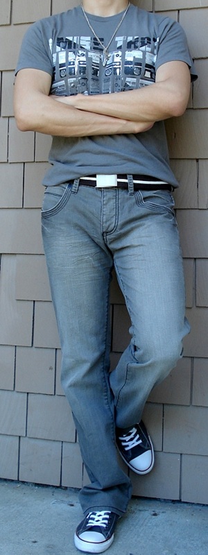 Men's Gray Graphic Tee Brown Cotton Belt Gray Jeans Gray Shoes