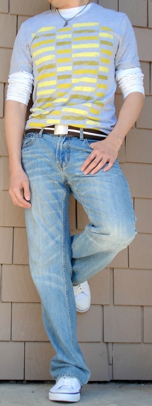 Men's Gray Graphic Tee White Undershirt Brown Cotton Belt