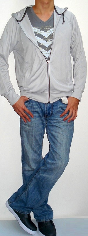 Men's Gray Hooded Jacket Gray V-neck Graphic Tee White Belt Light Blue Jeans Gray Shoes