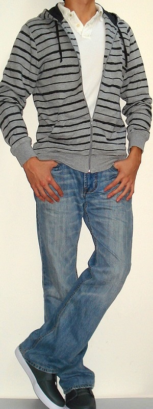 Men's Gray Hooded Jacket White Polo Light Blue Jeans Gray Shoes