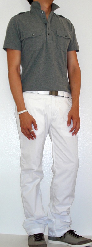 Men's Gray Polo Grey Shoes White Belt White Pants