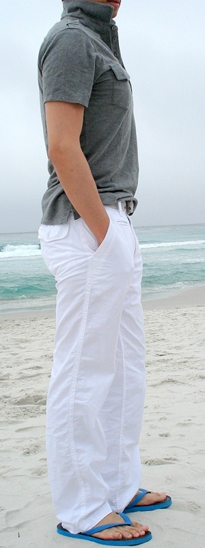 Men's Gray Polo White Pants Blue Flip Flops