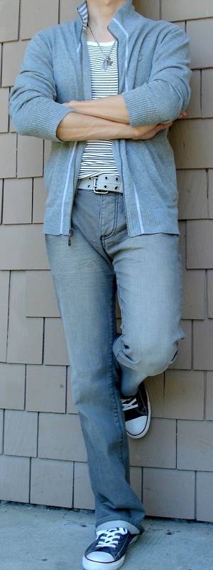 Men's Gray Sweater Jacket Gray Belt Gray Jeans Gray Shoes