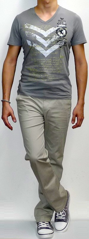 Men's Gray V-neck Graphic Tee Khaki Pants Gray Canvas Shoes