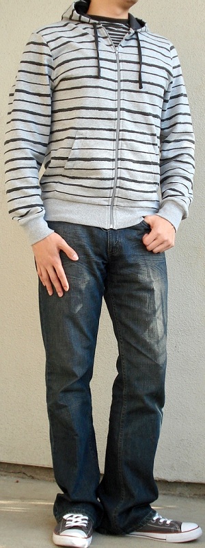 Men's Gray Zip Jacket Gray Shoes Black Striped T-Shirt White Leather Belt