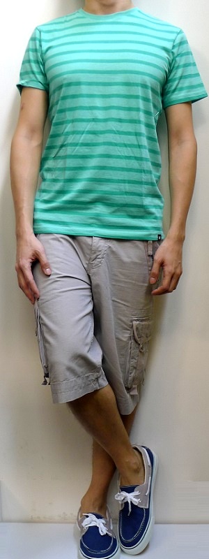 Men's Green Striped Short Sleeve T-shirt Gray Cargo Shorts Blue Boat Shoes