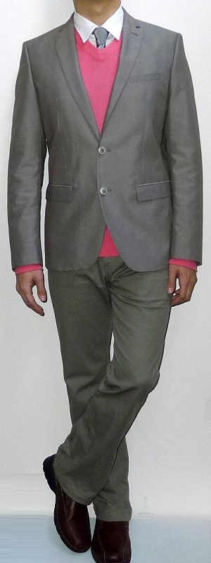 Khaki Suit Jacket Pink V-neck Sweater Silver Tie White Shirt Khaki Pants Brown Leather Shoes