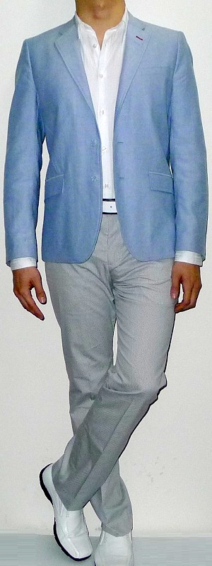 Men's Light Blue Blazer White Dress Shirt Gray Suit Pants White Dress Shoes White Belt