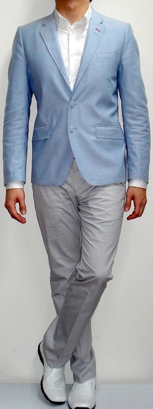 Men's Light Blue Blazer White Dress Shirt Gray Suit Pants White Dress Shoes White Belt