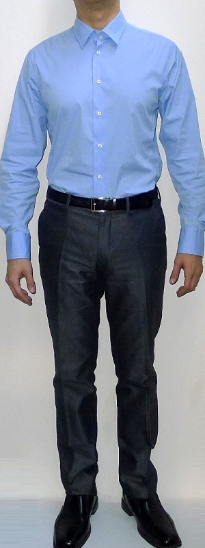 Men's Light Blue Dress Shirt Black Leather Belt Dark Gray Suit Pants Black Dress Shoes