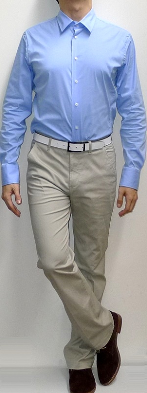 Men's Light Blue Dress Shirt Khaki Pants Suede Ankle Boots White Belt