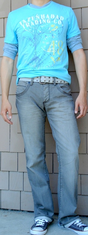 Men's Light Blue Graphic Tee Blue Long Sleeve T-Shirt Gray Cotton Belt Grey Jean Grey Shoes