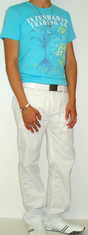 Men's Light Blue Graphic Tee White Cotton Pants White Leather Belt White Sneakers