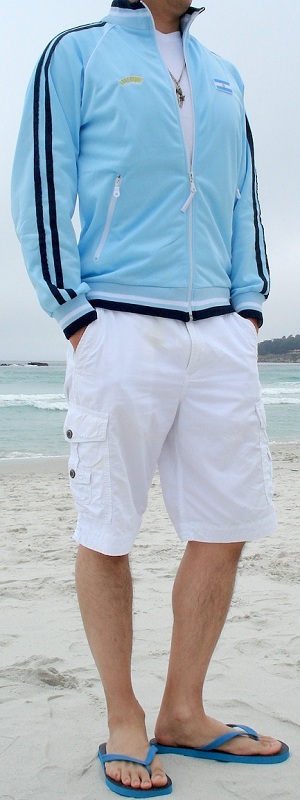 Men's Light Blue Jacket White Shorts Blue Flip Flops