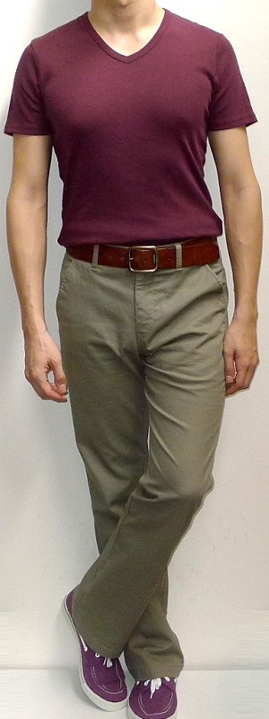 Men's Maroon V-neck T-shirt Khaki Pants Brown Belt Purple Canvas Shoes