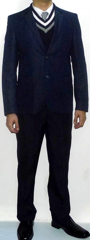 Men's Navy Blazer Navy V-neck Sweater Silver Tie White Shirt Navy Dress Pants Black Leather Shoes