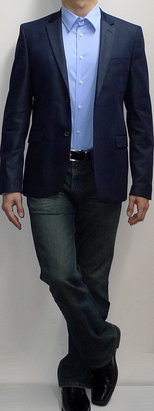 Men's Navy Blazer Light Blue Dress Shirt Dark Blue Jeans Black Belt Black Dress Shoes