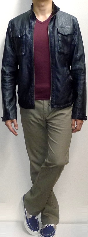 Men's Navy Leather Jacket Maroon V-neck T-shirt Khaki Pants Navy Canvas Shoes