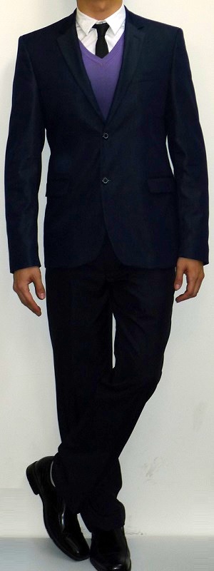 Men's Navy Suit Blazer Purple V-neck Sweater White Shirt Black Tie Navy Pants Black Dress Shoes
