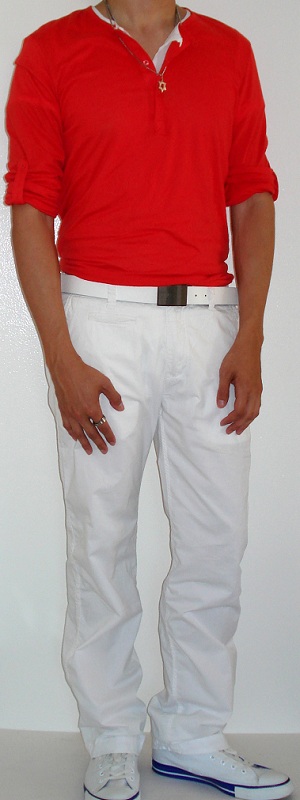 Orange Button Shirt White Belt White Pants White Shoes