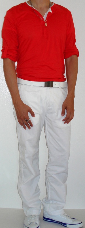 red shirt white pants