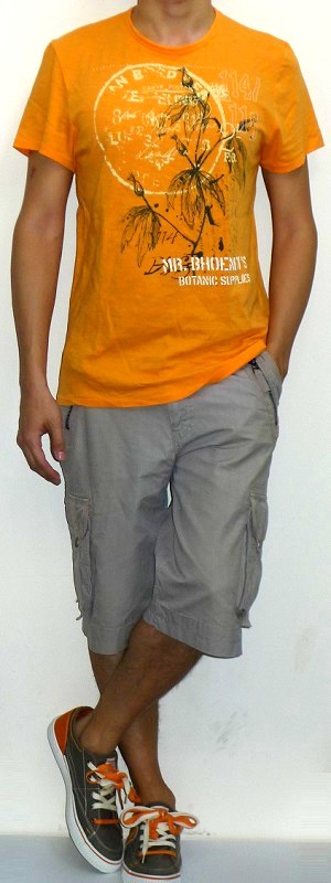 Men's Orange Crew Neck Short Sleeve Graphic Tee Gray Cargo Shorts Gray Canvas Shoes