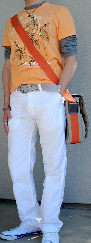 Men's Orange Graphic Tee Beige Messenger Bag White Pants White Shoes