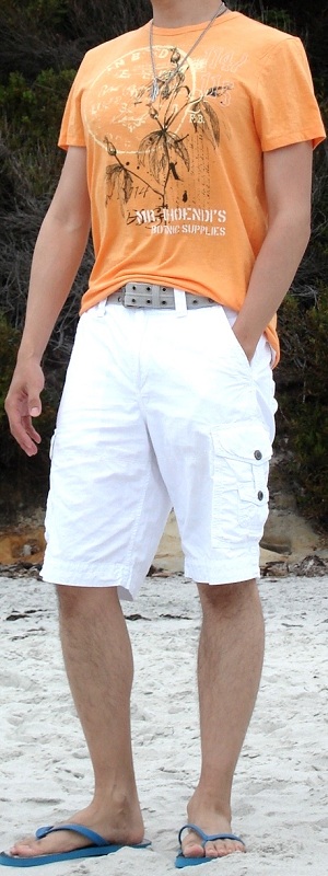Men's Orange Graphic Tee Gray Belt White Cargo Shorts Blue Sandal