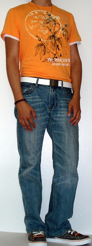 Men's Orange Graphic Tee Light Blue Jeans Gray Shoes White Belt